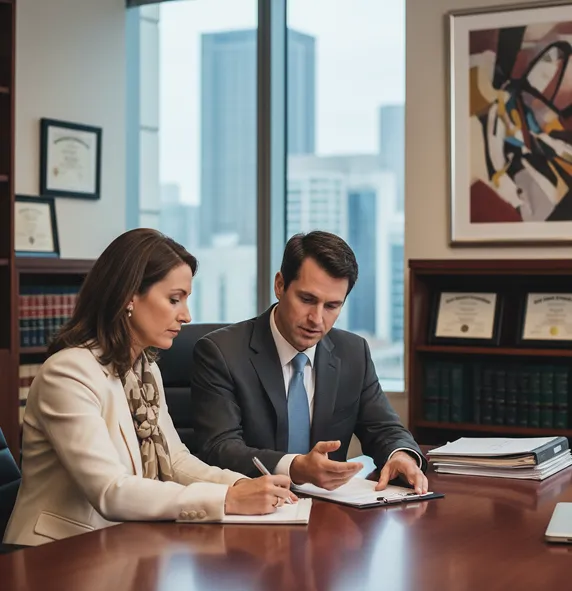 A lawyer meeting with a client at a desk, representing legal counsel at a first court appearance.